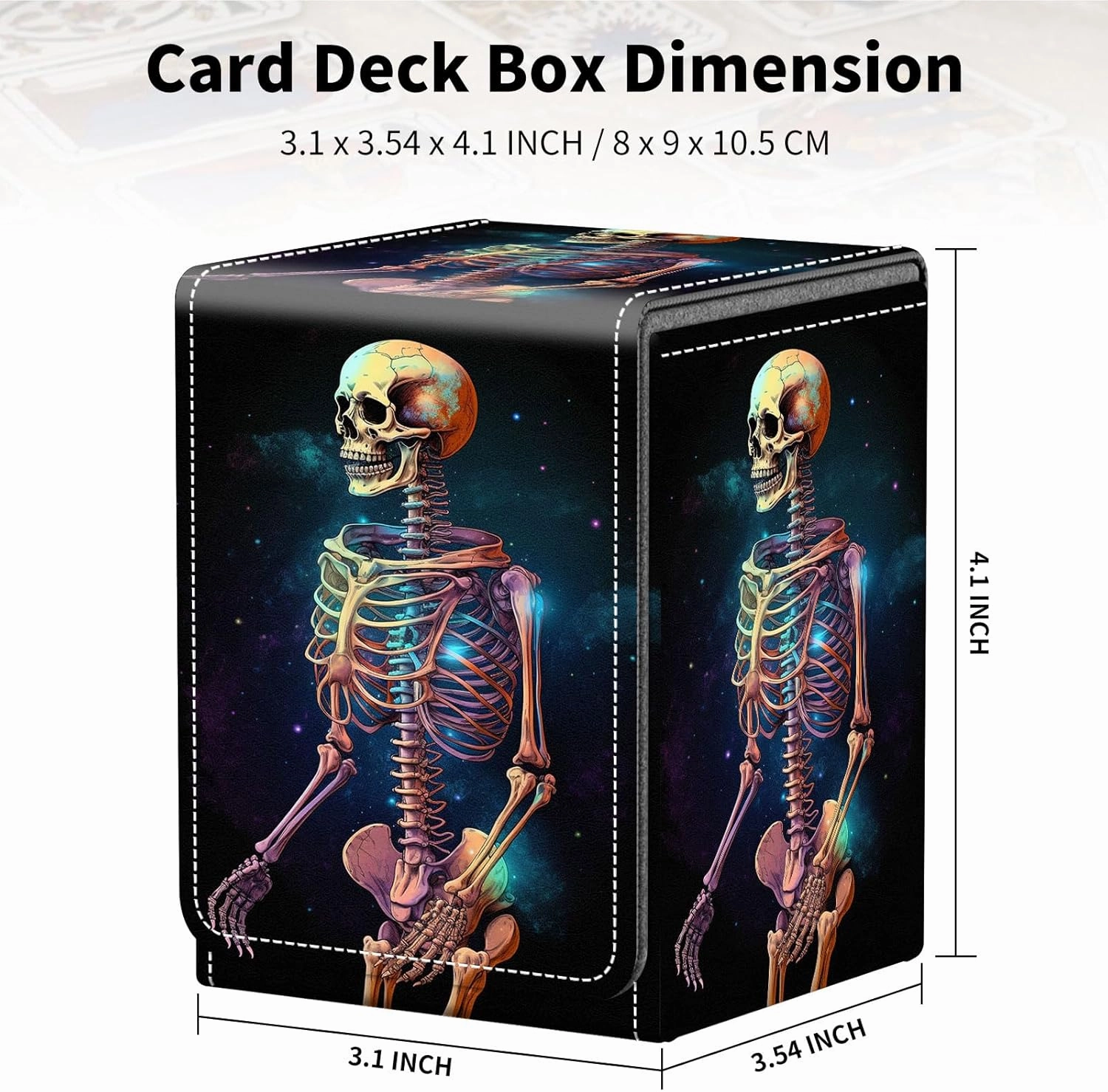 Card Deck Box for Trading Cards, MTG Deck Box Fits 100  Single Sleeved Cards, PU Leather Strong Magnet Card Deck Case Holder for Magic Commander TCG CCG, Skeleton
