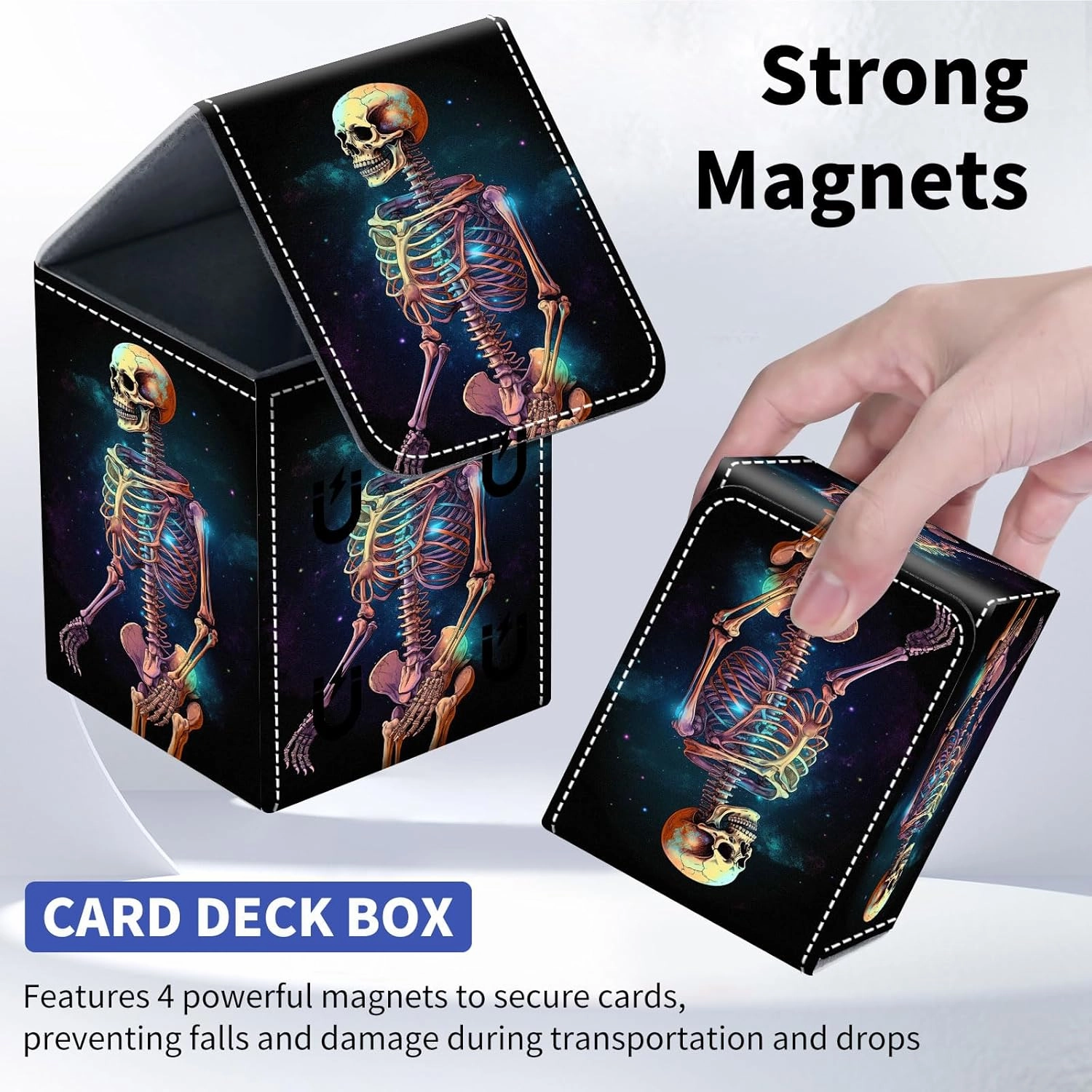 Card Deck Box for Trading Cards, MTG Deck Box Fits 100  Single Sleeved Cards, PU Leather Strong Magnet Card Deck Case Holder for Magic Commander TCG CCG, Skeleton