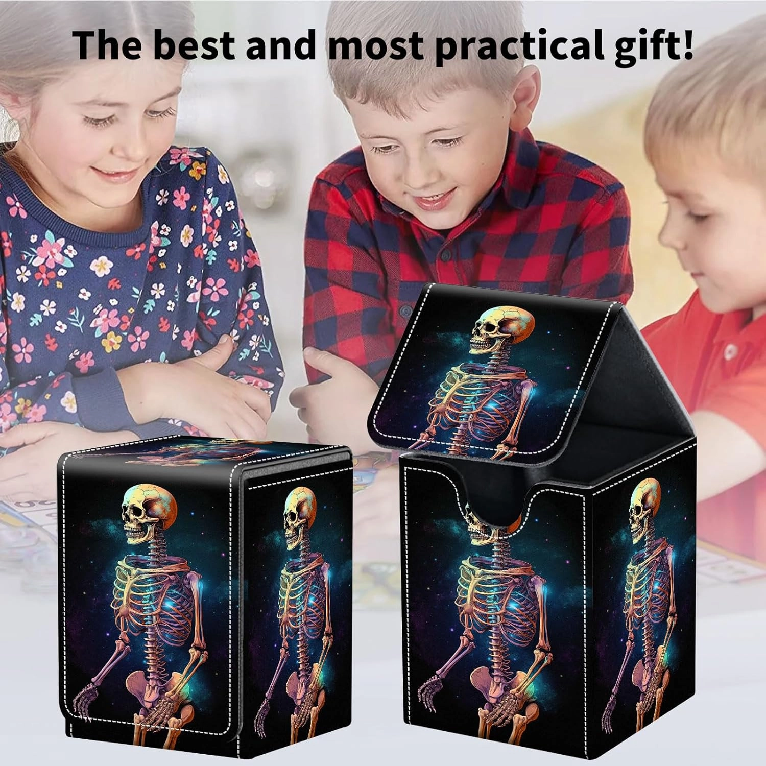 Card Deck Box for Trading Cards, MTG Deck Box Fits 100  Single Sleeved Cards, PU Leather Strong Magnet Card Deck Case Holder for Magic Commander TCG CCG, Skeleton