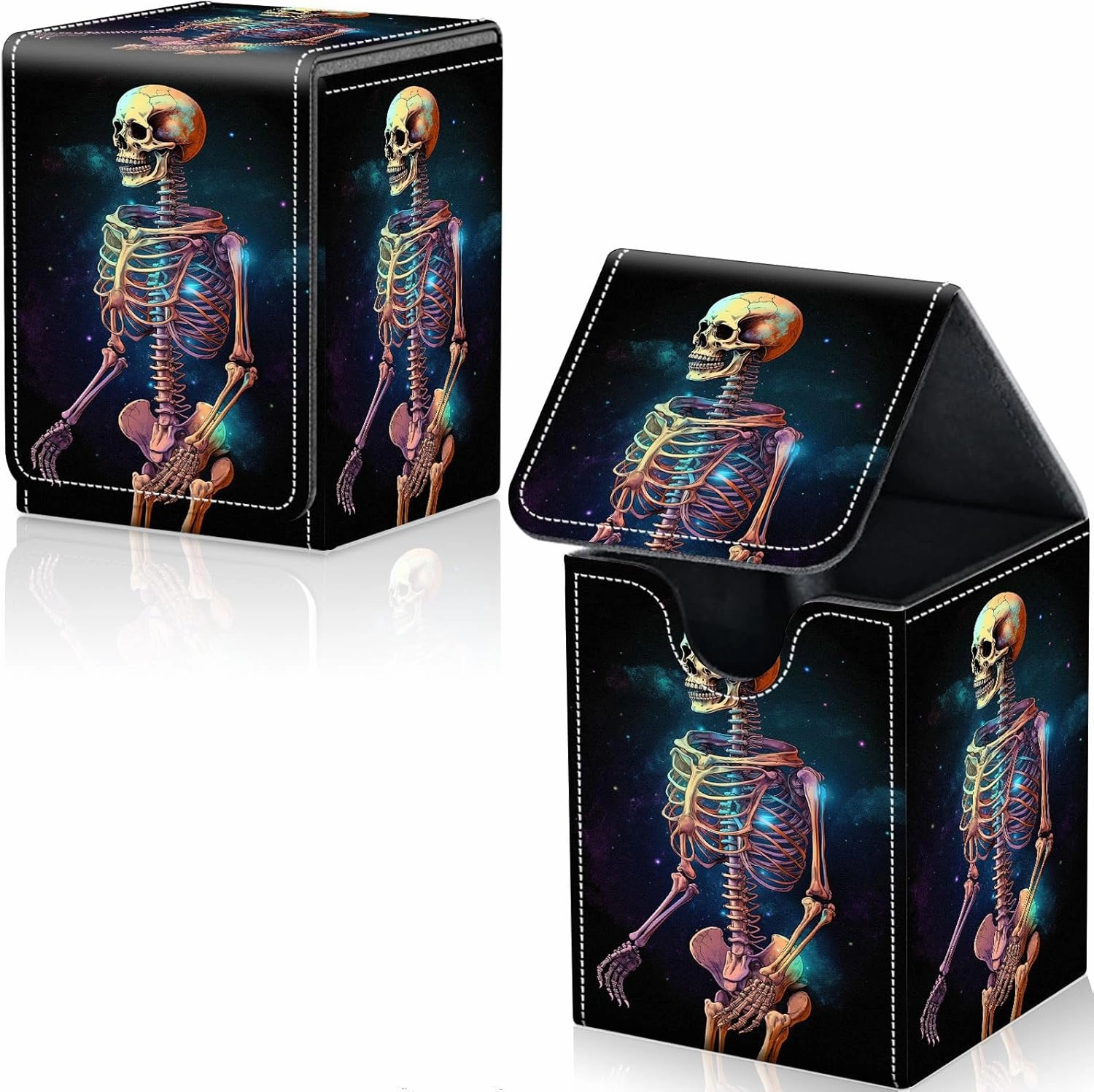 Card Deck Box for Trading Cards, MTG Deck Box Fits 100  Single Sleeved Cards, PU Leather Strong Magnet Card Deck Case Holder for Magic Commander TCG CCG, Skeleton