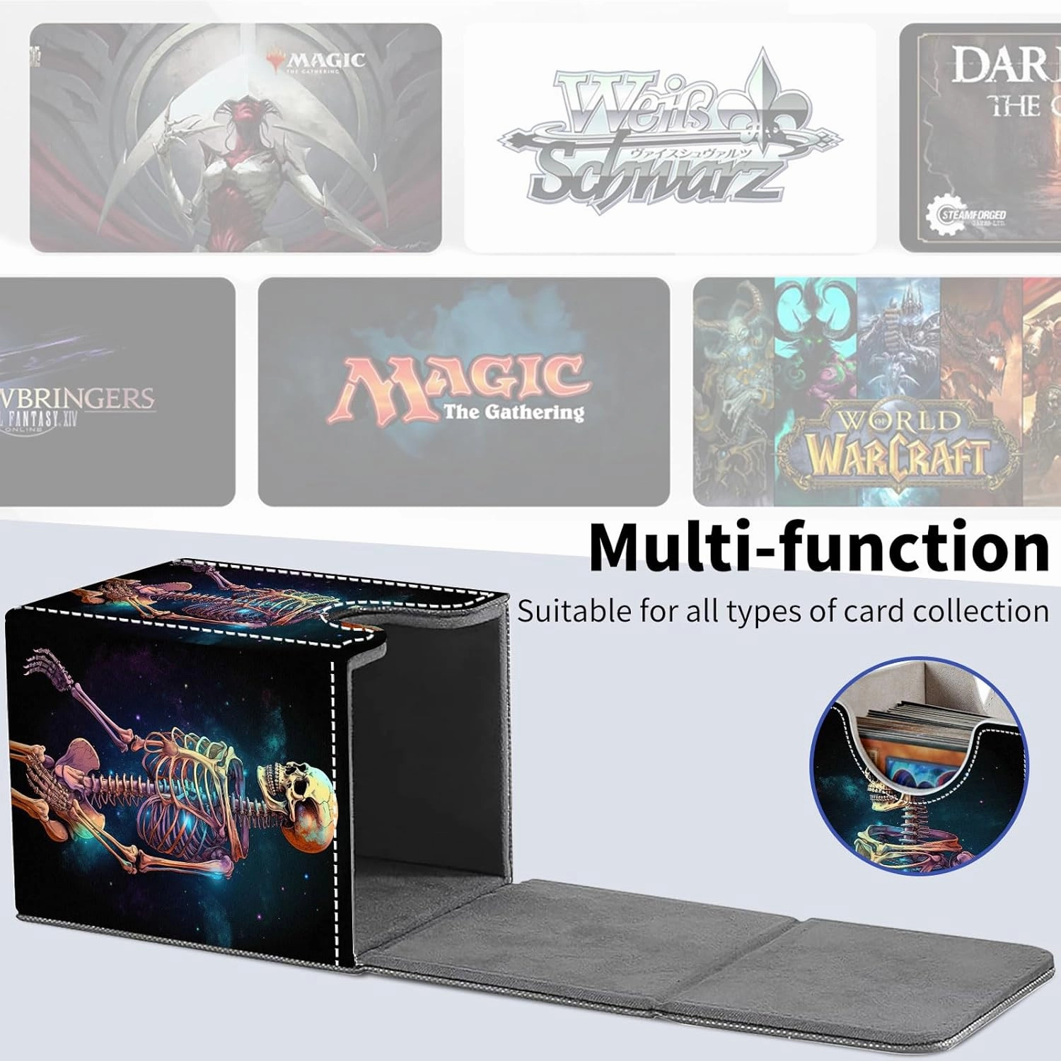 Card Deck Box for Trading Cards, MTG Deck Box Fits 100  Single Sleeved Cards, PU Leather Strong Magnet Card Deck Case Holder for Magic Commander TCG CCG, Skeleton