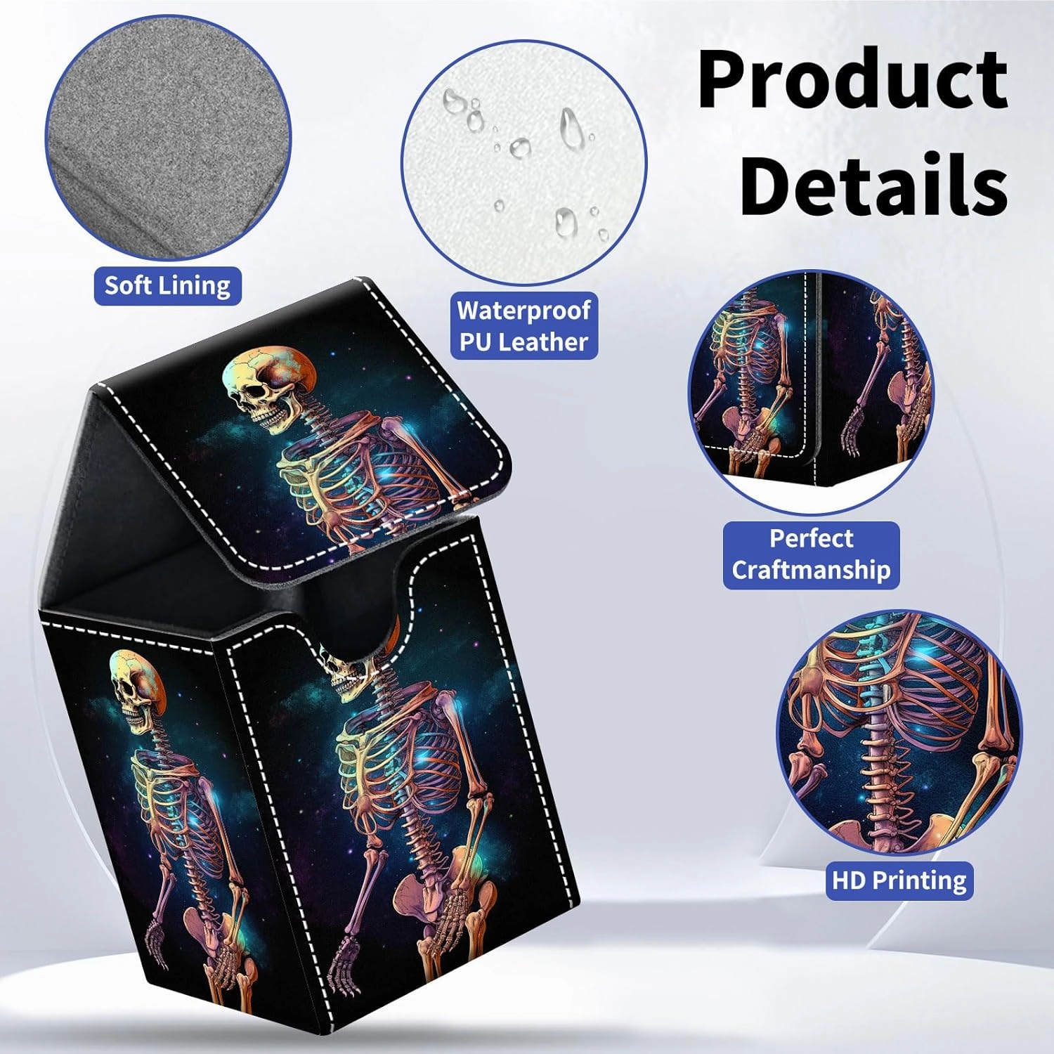 Card Deck Box for Trading Cards, MTG Deck Box Fits 100  Single Sleeved Cards, PU Leather Strong Magnet Card Deck Case Holder for Magic Commander TCG CCG, Skeleton