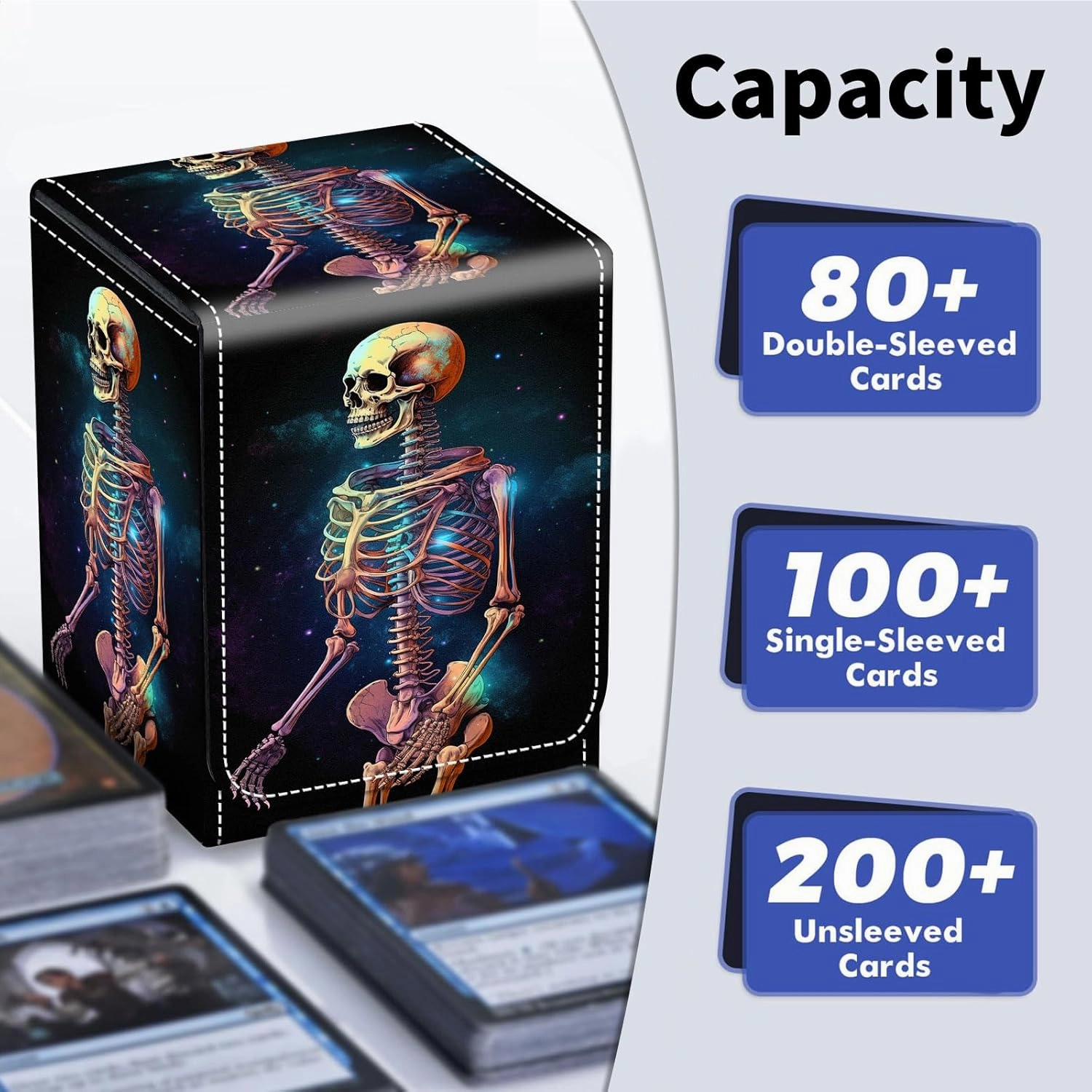 Card Deck Box for Trading Cards, MTG Deck Box Fits 100  Single Sleeved Cards, PU Leather Strong Magnet Card Deck Case Holder for Magic Commander TCG CCG, Skeleton