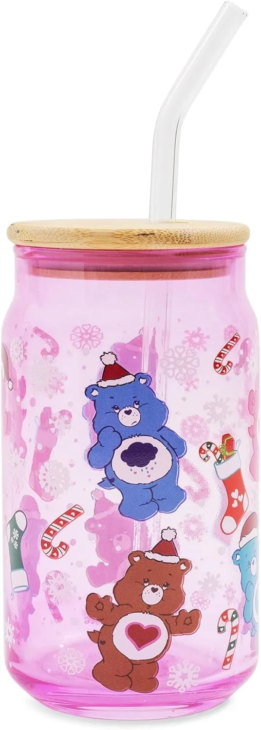 Care Bears Holiday Glass Tumbler With Bamboo Lid and Reusable Glass Straw | Holds 16 Ounces