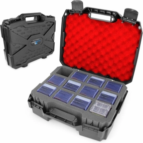 CASEMATIX Top Loader Card Storage Case for Trading Cards Fits 450 3" x 4" 35pt Toploaders or 100 One Touch Card Holders, Hard Shell Toploader Storage Box With 12 Card Case Dividers and Red Foam
