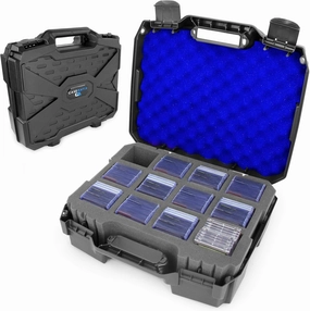 CASEMATIX Top Loader Card Storage Case for Trading Cards for 450 3" x 4" 35pt Toploaders or 100 One Touch Card Holders, Hard Shell Toploader Storage Box With 12 Precut Card Case Dividers and Blue Foam
