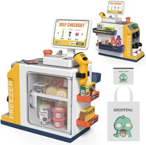 Cash Register Playset for Kids - 48PCS Pretend Play Money, Calculator, Scanner, Credit Card and Play Food for Boys and Girls Ages 3  (668-125)