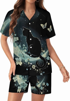 Cat Butterfly & Floral Moon Cat Women's Satin Pajama Set Short Sleeve Button Down Sleepwear Loungewear Pj Set