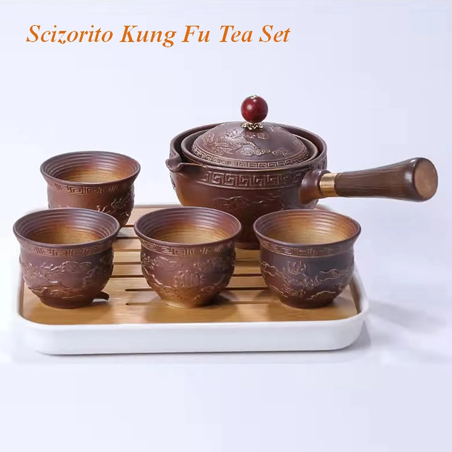 Ceramic Portable Travel Tea Set, Chinese Kungfu Tea Set with 360 Rotation Teapot and Infuser, 4 Tea Cups, Tea Tray And Travel Bag (Carved Dragon)