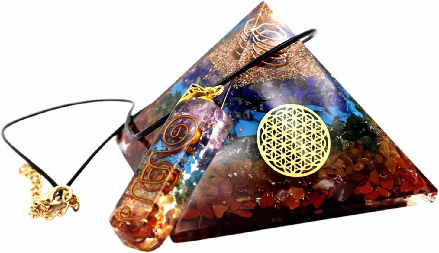 Chakra Pyramid - Seven Chakra Pyramid - Orgonite Pyramid for Energy Healing - Orgonite Kit - Protection with Seven Chakra Orgonite Necklace