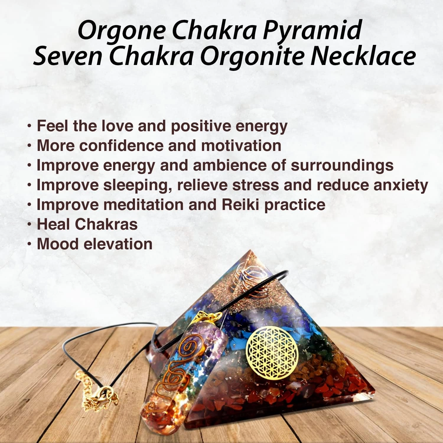 Chakra Pyramid - Seven Chakra Pyramid - Orgonite Pyramid for Energy Healing - Orgonite Kit - Protection with Seven Chakra Orgonite Necklace