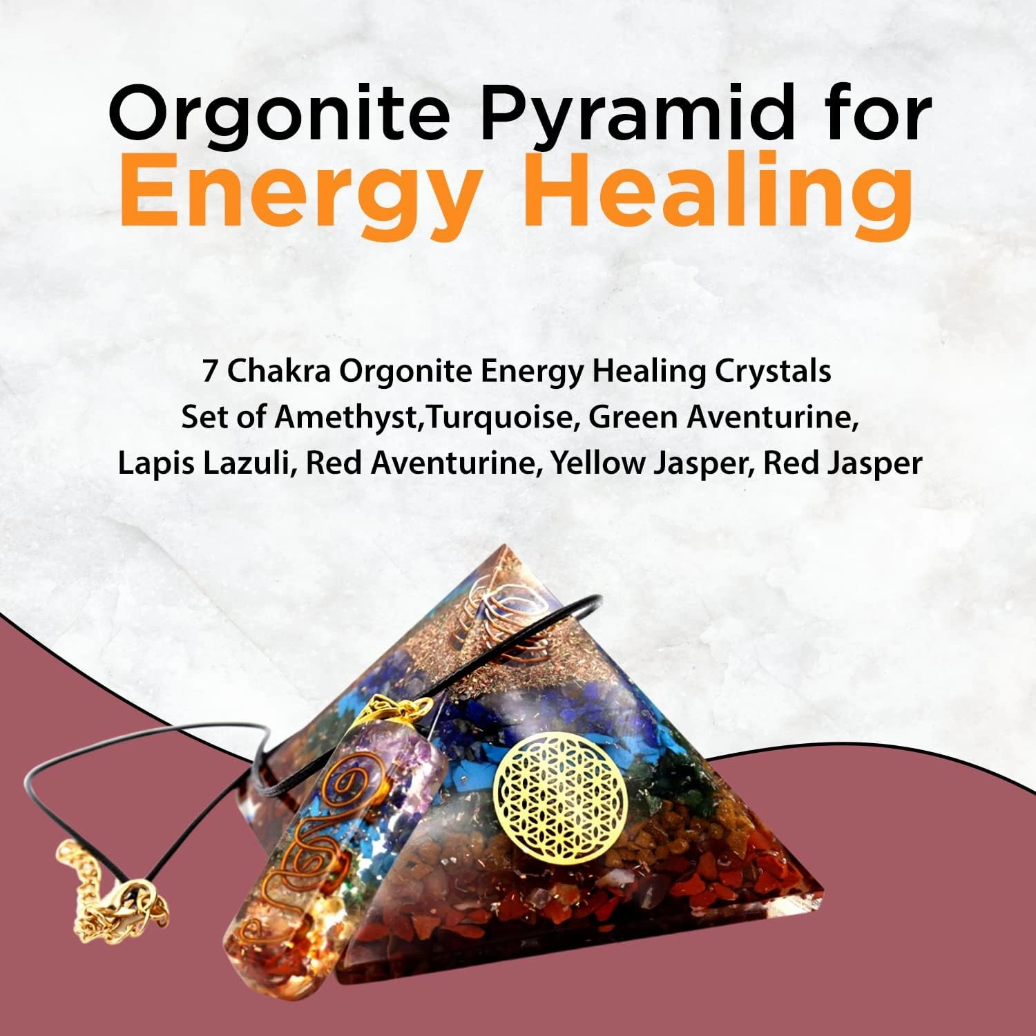 Chakra Pyramid - Seven Chakra Pyramid - Orgonite Pyramid for Energy Healing - Orgonite Kit - Protection with Seven Chakra Orgonite Necklace