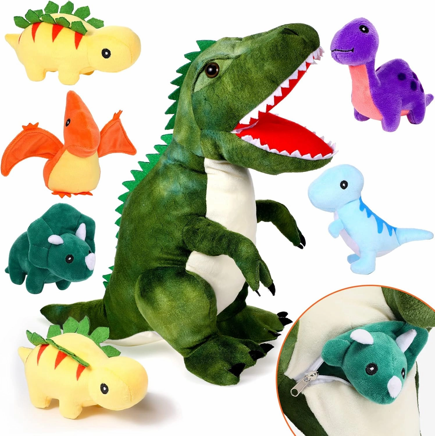 Chalyna 15.7 Inch Plush Dinosaur Plush Stuffed Animal with 5 Cute Little Dinosaurs in Tummy Carrier Baby Dinosaur Gift Set Kid Soft Cuddly Stuffed Pillow for Birthday Party Favor
