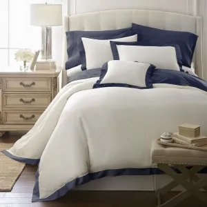 Chezmoi Collection Barolo 3-Piece Eucalyptus Tencel Lyocell Cotton Duvet Cover Set - Applique Hemstitch with Button Closure - Silky Soft, Smooth, Breathable Cooling - Queen, Navy