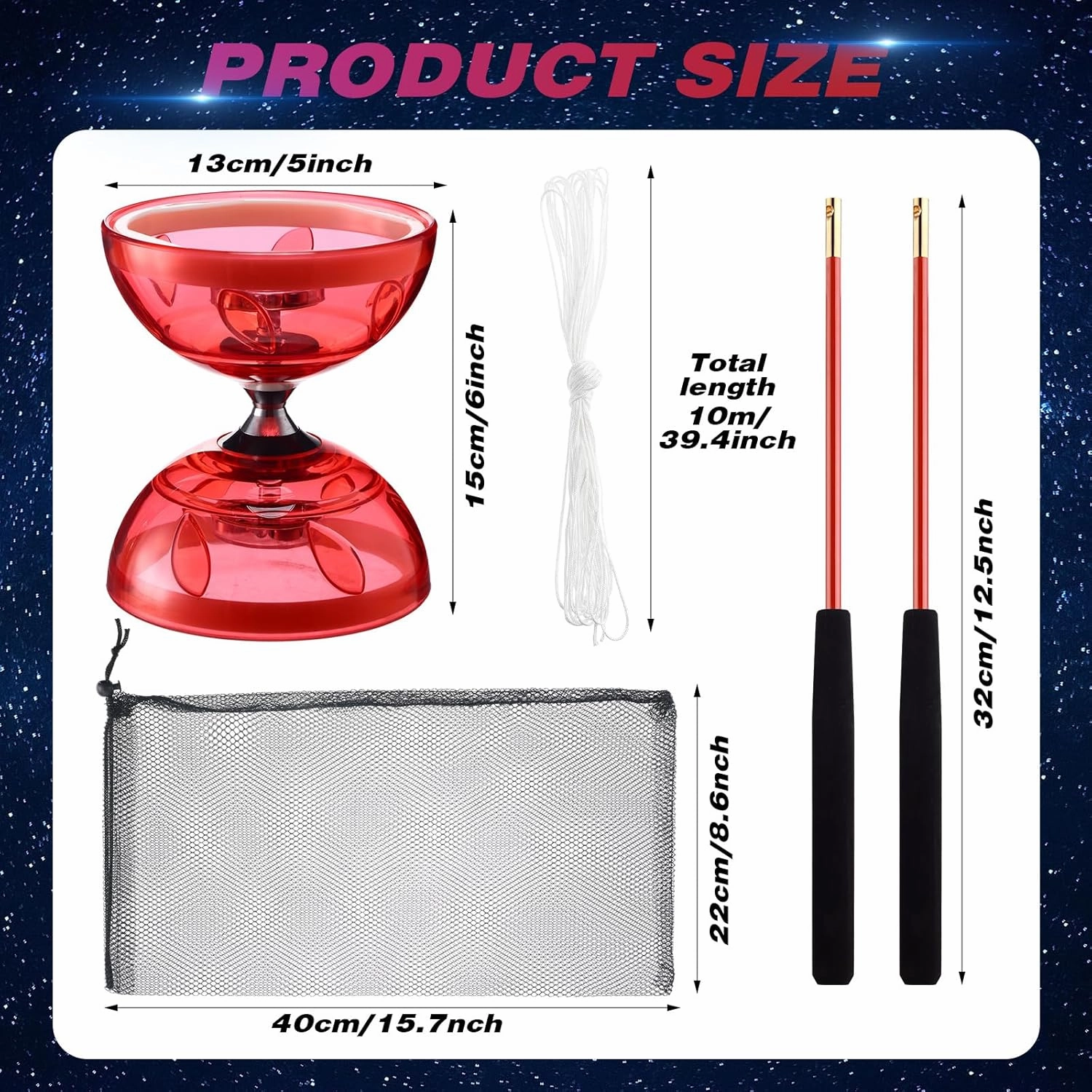 Chinese Yoyo Diabolo Set Includes Colorful LED Diabolo Toy Light up with 2 Pieces Sticks, 1 Piece String, 1 Net Bag for Fun(Red)