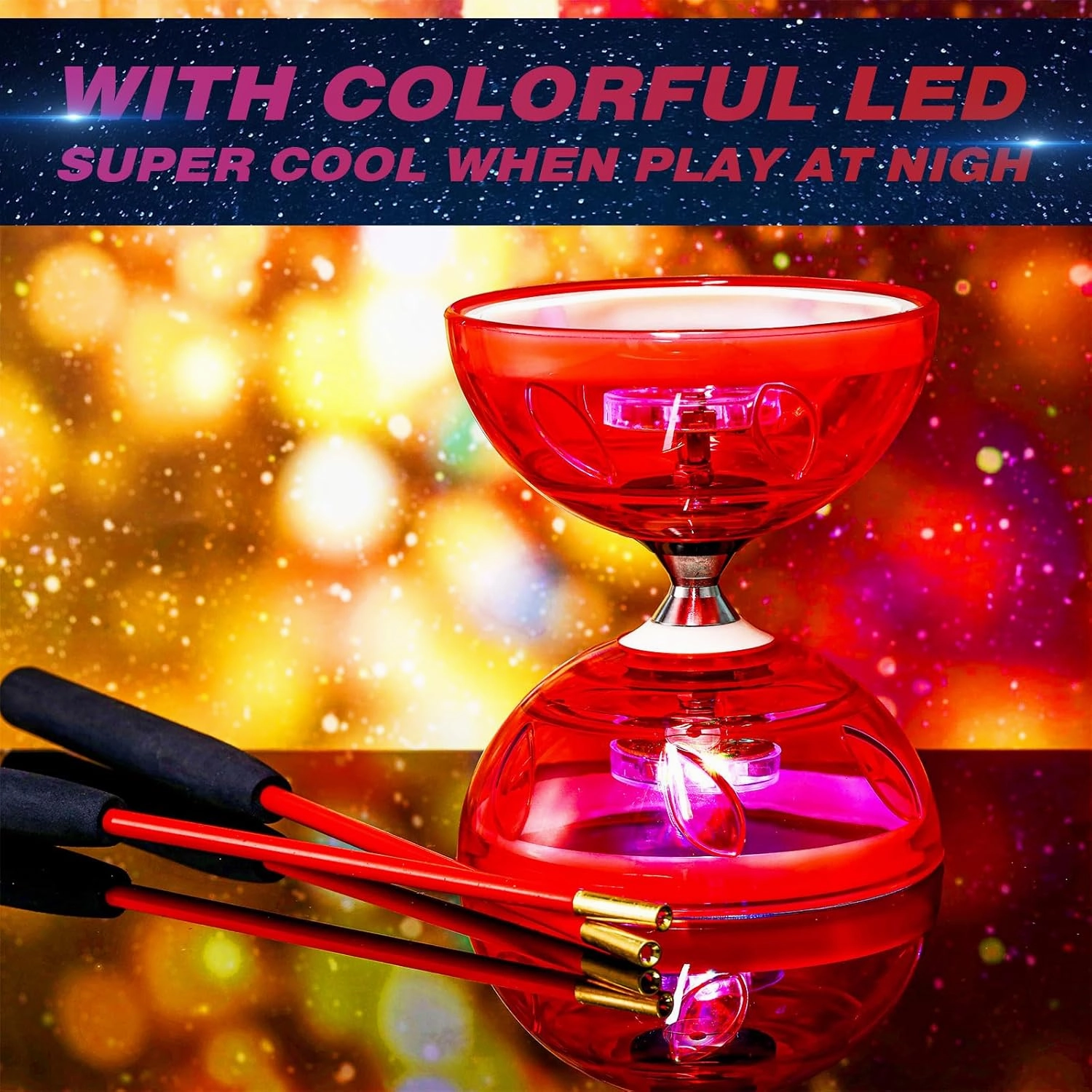 Chinese Yoyo Diabolo Set Includes Colorful LED Diabolo Toy Light up with 2 Pieces Sticks, 1 Piece String, 1 Net Bag for Fun(Red)