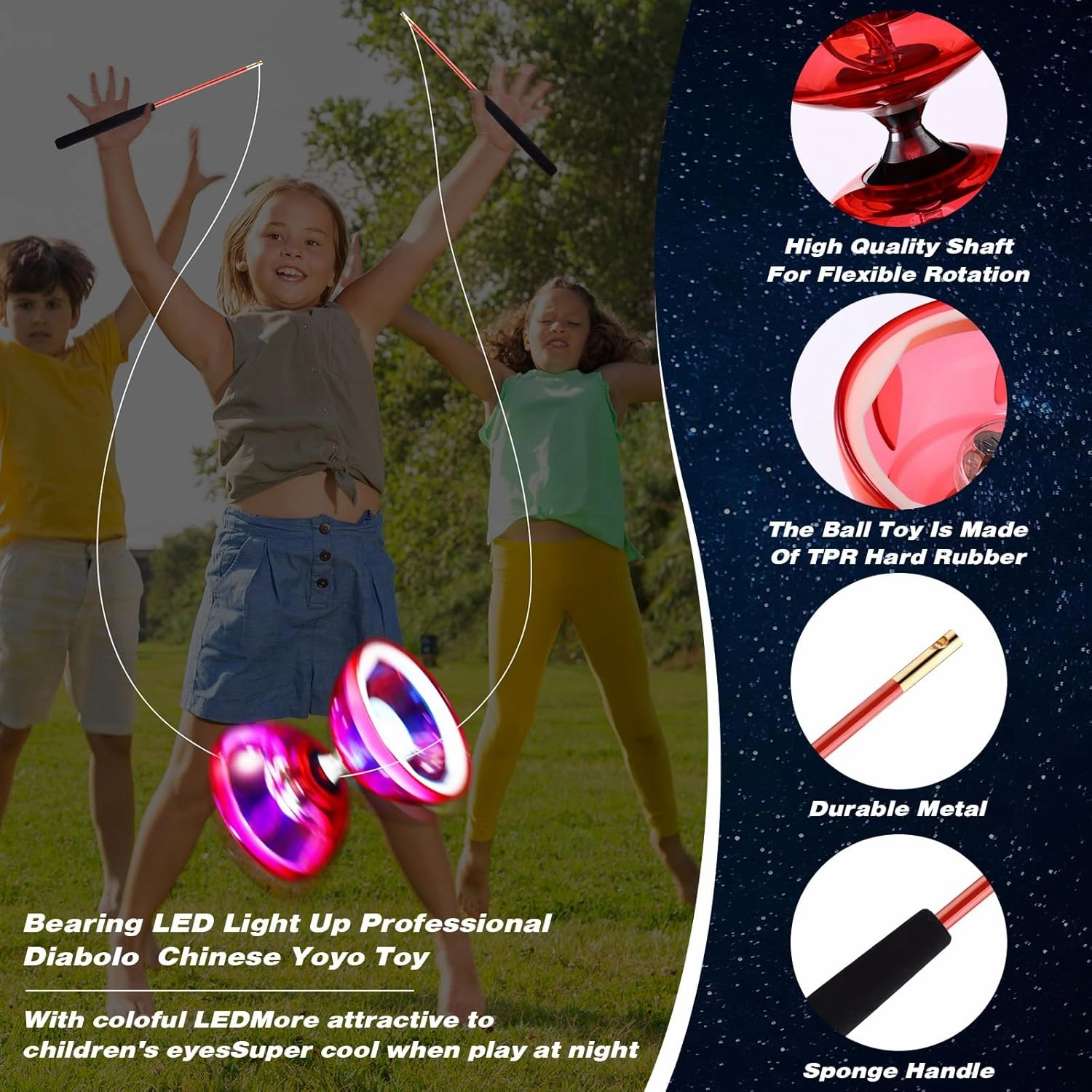 Chinese Yoyo Diabolo Set Includes Colorful LED Diabolo Toy Light up with 2 Pieces Sticks, 1 Piece String, 1 Net Bag for Fun(Red)