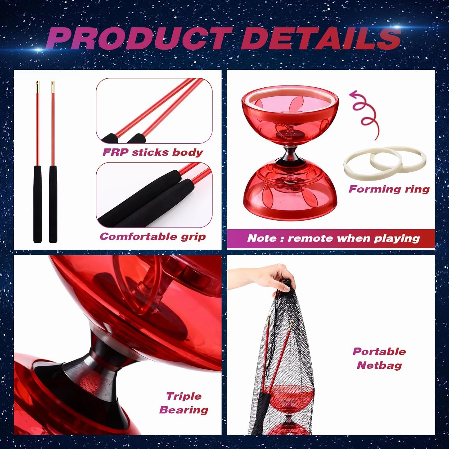 Chinese Yoyo Diabolo Set Includes Colorful LED Diabolo Toy Light up with 2 Pieces Sticks, 1 Piece String, 1 Net Bag for Fun(Red)