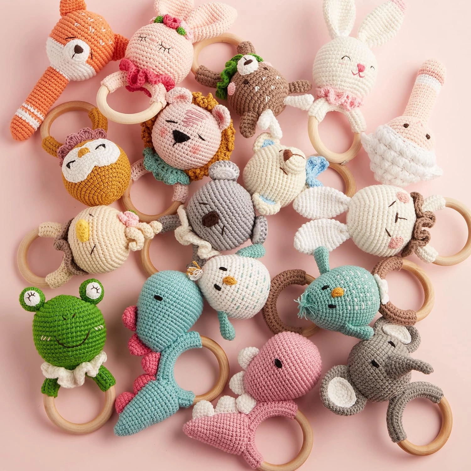 Chippi & Co Wooden Crochet Baby Rattle, Crochet Toys Stuffed Animals Easter Gifts for Kids, Wooden Newborn Toys, Easter Basket Stuffers, Basket Filler, Baby Shower Decor (Eddy The Elephant)