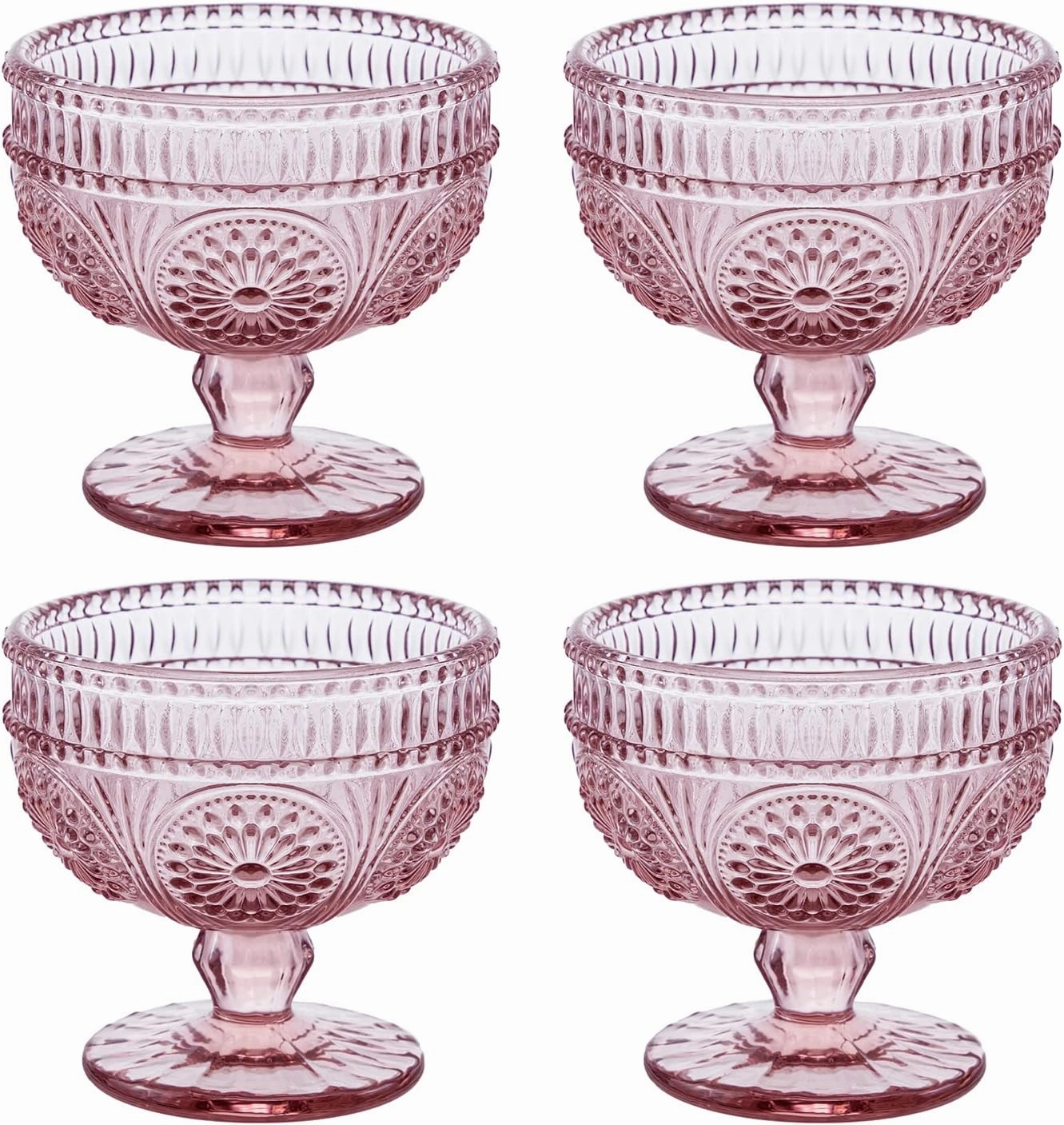 CHOOLD Vintage Sunflower Embossed Glass Footed Dessert and Salad Bowl for Home, Party, Wedding - 9 oz, Pink, Set of 4