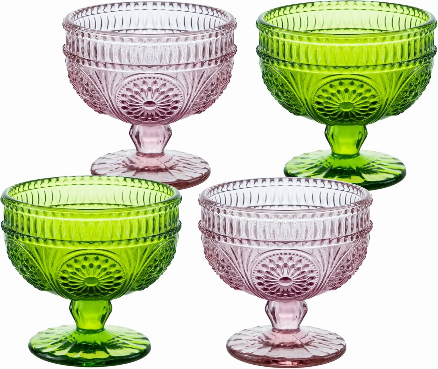 CHOOLD Vintage Sunflower Embossed Glass Footed Dessert and Salad Bowl for Home, Party, Wedding - 9 oz, Pink, Set of 4