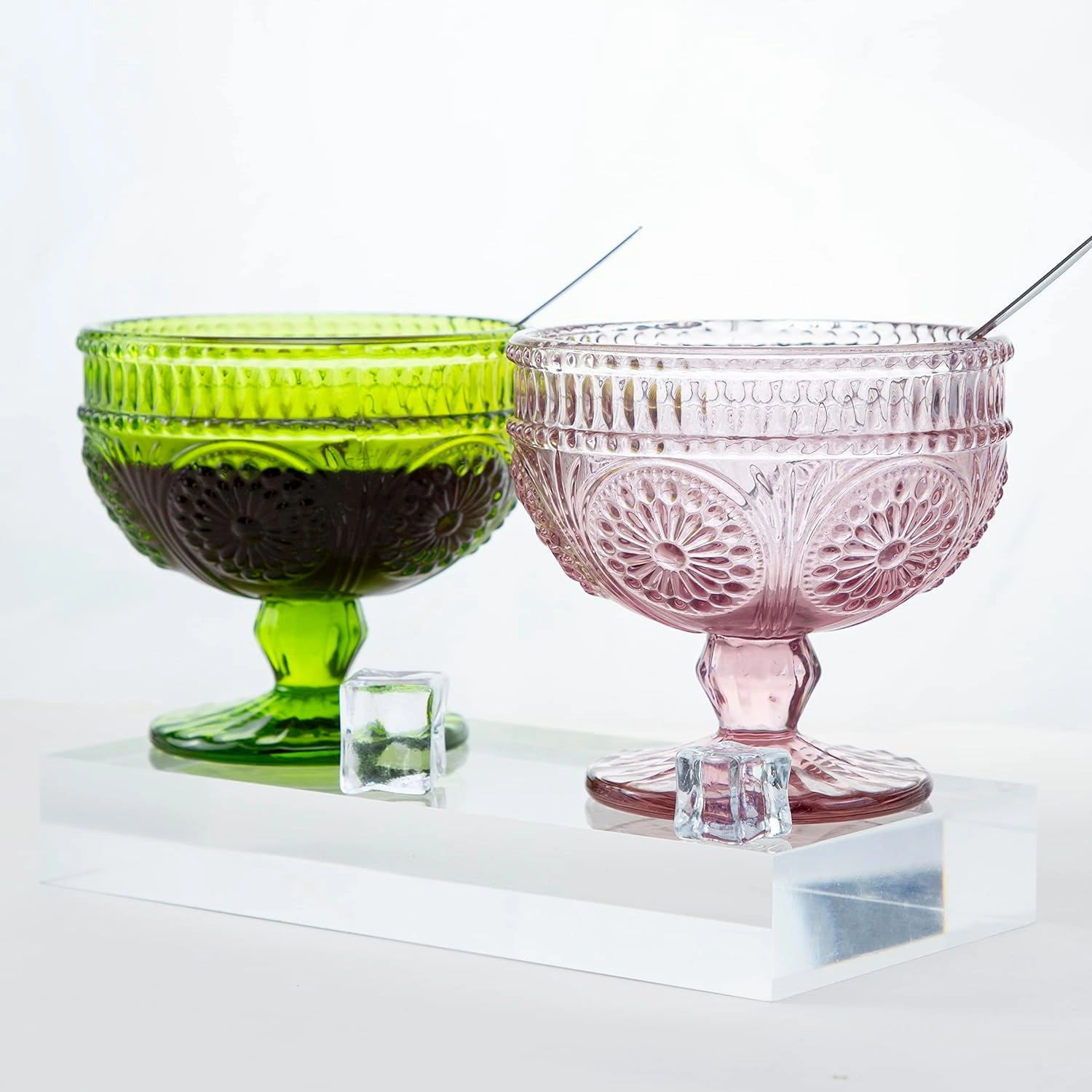 CHOOLD Vintage Sunflower Embossed Glass Footed Dessert and Salad Bowl for Home, Party, Wedding - 9 oz, Pink, Set of 4