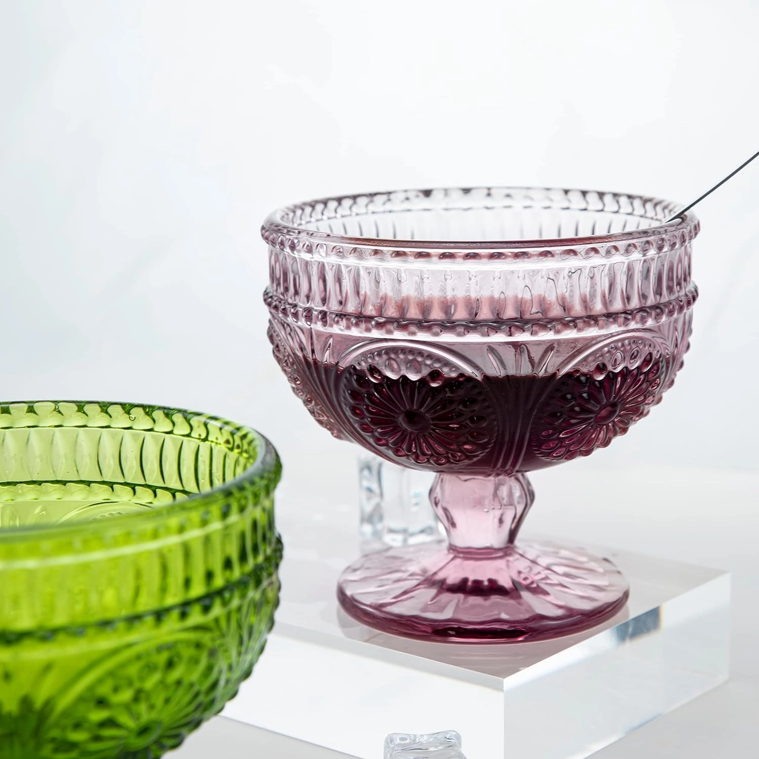 CHOOLD Vintage Sunflower Embossed Glass Footed Dessert and Salad Bowl for Home, Party, Wedding - 9 oz, Pink, Set of 4