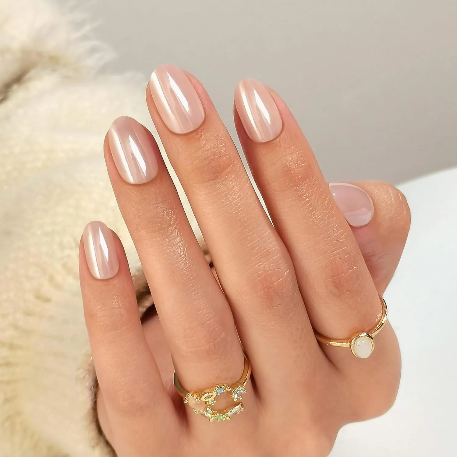 Chrome Press on Nails Oval - Soft Gel Nude Press on Nails Short for Women Gift, Fit Perfectly & Natural Stick on Nails with Glue in 16 Sizes - 32 Reusable Fake Nails, Aurora Soft Nude