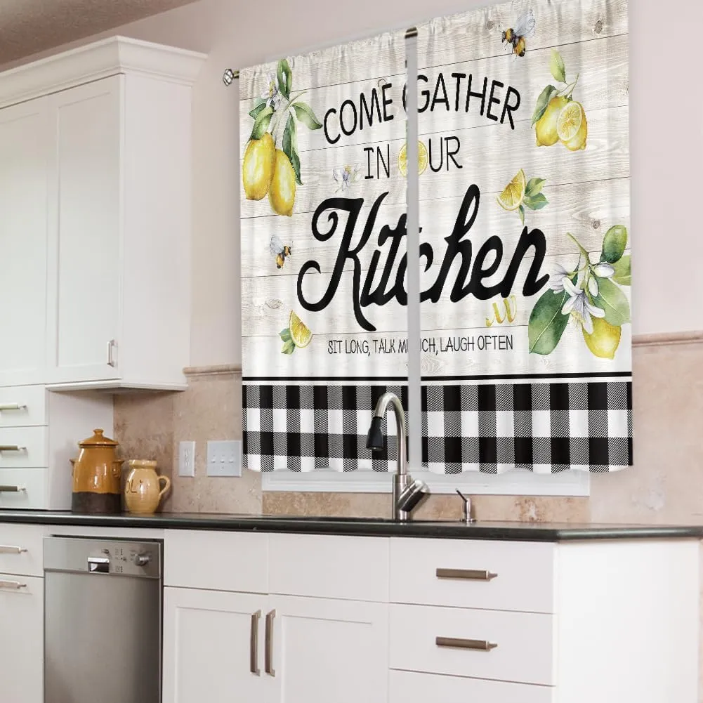 Cinbloo Lemon Kitchen Curtains - 27.5Wx39H Inch Rod Pocket Rustic Lemon Decor Farmhouse Kitchen Curtains Wood Plank Buffalo Plaid Country Yellow Fruit Small Window Drapes Treatment Fabric 2 Panel