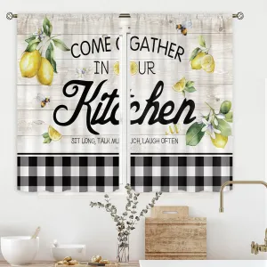 Cinbloo Lemon Kitchen Curtains - 27.5Wx39H Inch Rod Pocket Rustic Lemon Decor Farmhouse Kitchen Curtains Wood Plank Buffalo Plaid Country Yellow Fruit Small Window Drapes Treatment Fabric 2 Panel