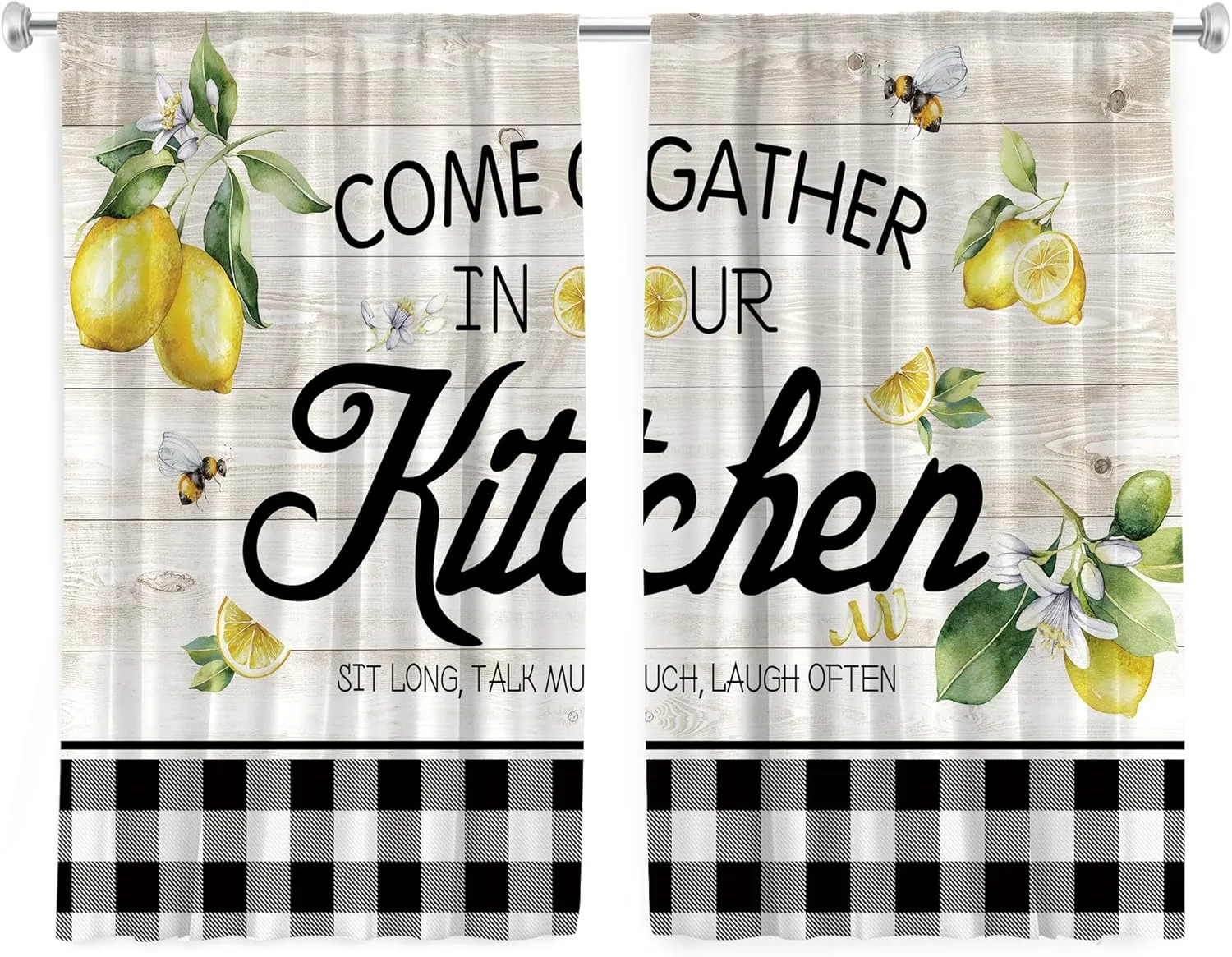 Cinbloo Lemon Kitchen Curtains - 27.5Wx39H Inch Rod Pocket Rustic Lemon Decor Farmhouse Kitchen Curtains Wood Plank Buffalo Plaid Country Yellow Fruit Small Window Drapes Treatment Fabric 2 Panel