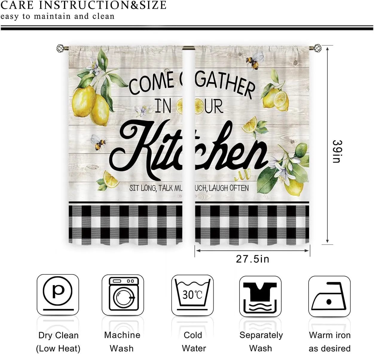 Cinbloo Lemon Kitchen Curtains - 27.5Wx39H Inch Rod Pocket Rustic Lemon Decor Farmhouse Kitchen Curtains Wood Plank Buffalo Plaid Country Yellow Fruit Small Window Drapes Treatment Fabric 2 Panel