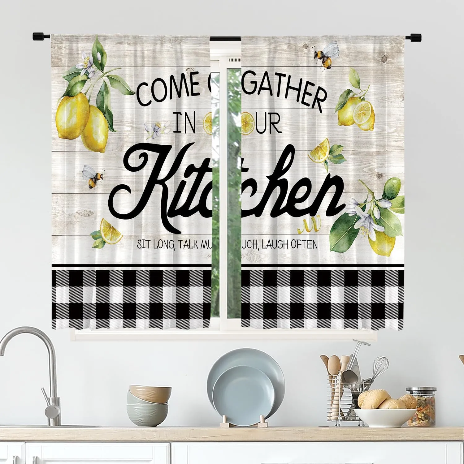 Cinbloo Lemon Kitchen Curtains - 27.5Wx39H Inch Rod Pocket Rustic Lemon Decor Farmhouse Kitchen Curtains Wood Plank Buffalo Plaid Country Yellow Fruit Small Window Drapes Treatment Fabric 2 Panel