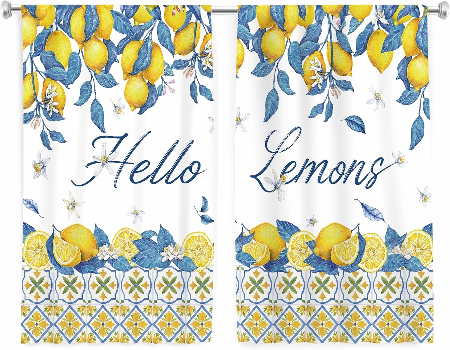 Cinbloo Lemon Kitchen Curtains 27.5Wx39H Inch Rod Pocket Rustic Yellow Fruit Farmhouse Flower Retro Blue Leaves Art Printed Summer Plant Living Room Bedroom Window Drapes Treatment Fabric 2 Panels