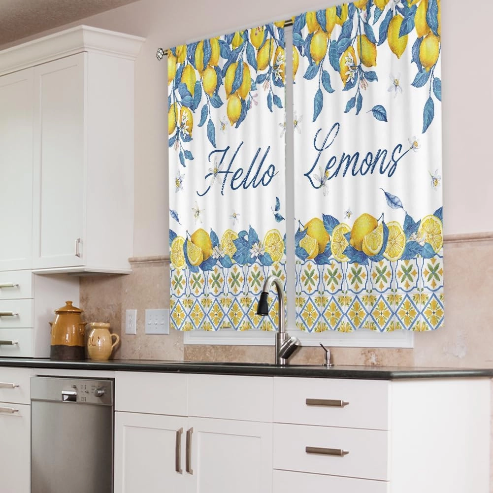Cinbloo Lemon Kitchen Curtains 27.5Wx39H Inch Rod Pocket Rustic Yellow Fruit Farmhouse Flower Retro Blue Leaves Art Printed Summer Plant Living Room Bedroom Window Drapes Treatment Fabric 2 Panels