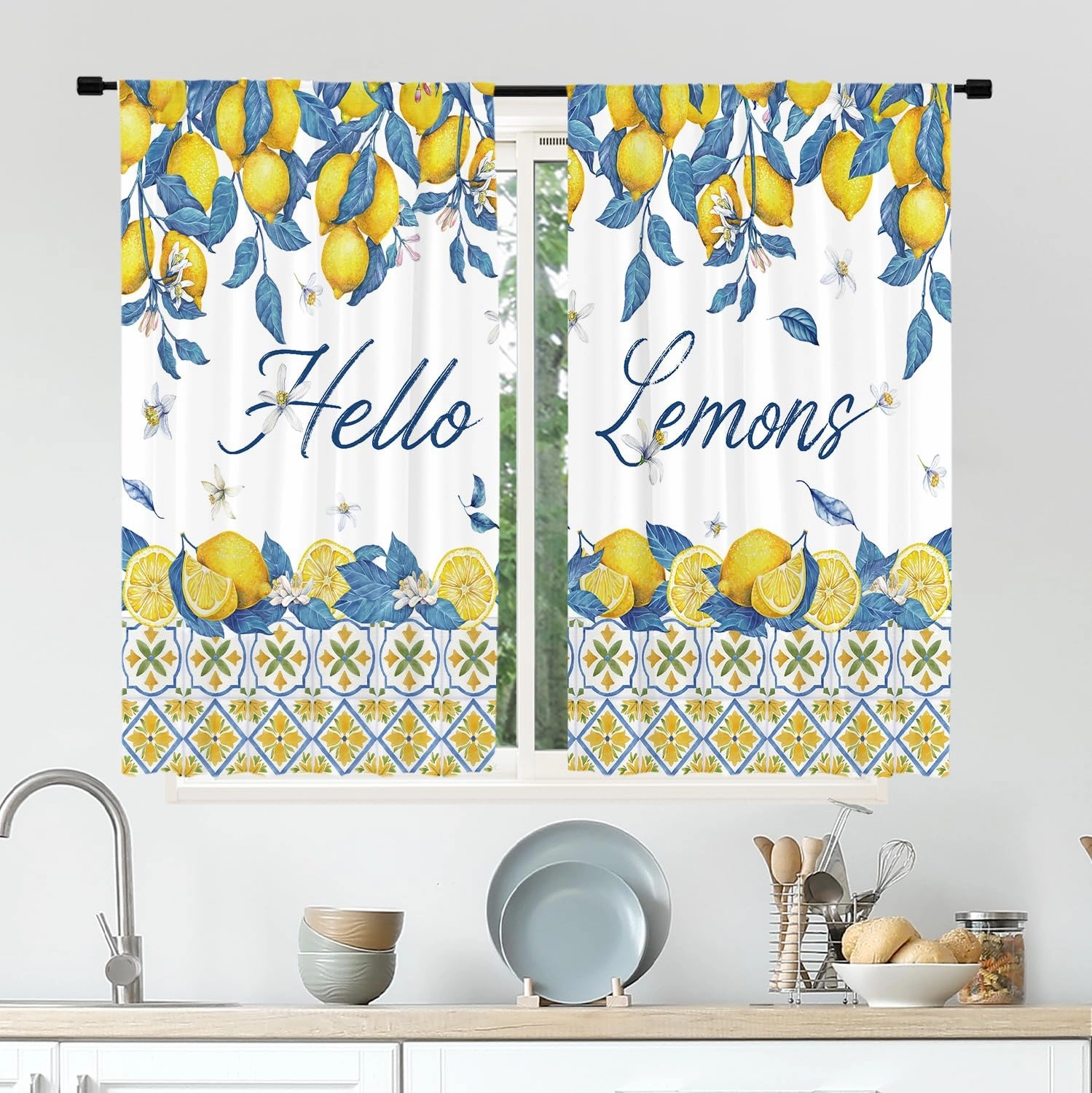 Cinbloo Lemon Kitchen Curtains 27.5Wx39H Inch Rod Pocket Rustic Yellow Fruit Farmhouse Flower Retro Blue Leaves Art Printed Summer Plant Living Room Bedroom Window Drapes Treatment Fabric 2 Panels