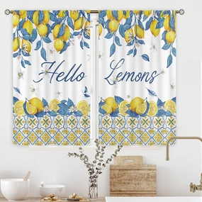 Cinbloo Lemon Kitchen Curtains 27.5Wx39H Inch Rod Pocket Rustic Yellow Fruit Farmhouse Flower Retro Blue Leaves Art Printed Summer Plant Living Room Bedroom Window Drapes Treatment Fabric 2 Panels