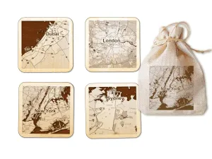 City Map Coaster Any City! Free Combination For Set Of 4 Coasters Of Multiple City Custom Wooden Coasters City Map Optional Gift Bag (4 Coasters   Engraved Bag)