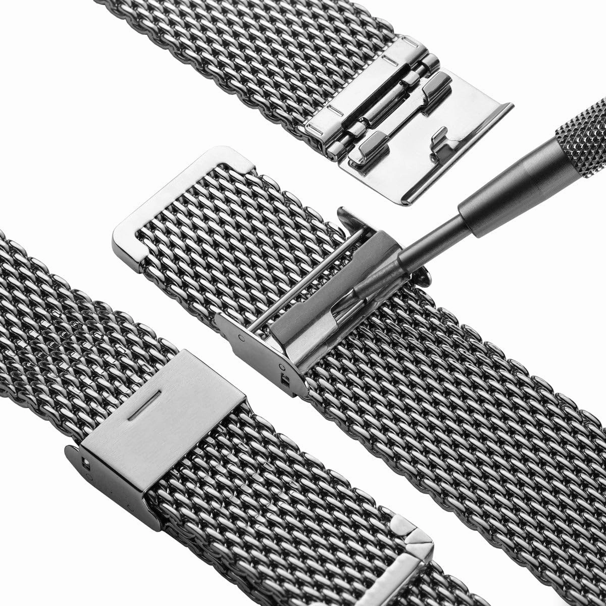 Classic Mesh Watch Strap, Polished or Satin Brushed Finish, 18-22mm. Men's Replacement Stainless Steel Band. Quick Release Spring Bars for Easy Changes