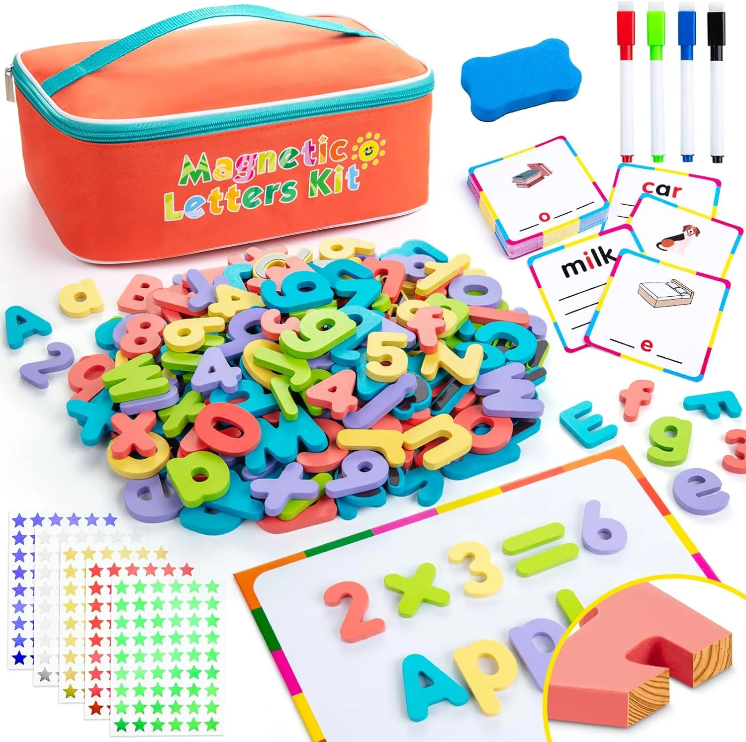 Classroom Magnetic Letters, 278 Pcs Alphabet Magnets with Double Sided Magnet Board Word Cards, Wooden Magnetic Letters and Numbers for Kids Spelling, ABC Fridge Magnets Education Toys
