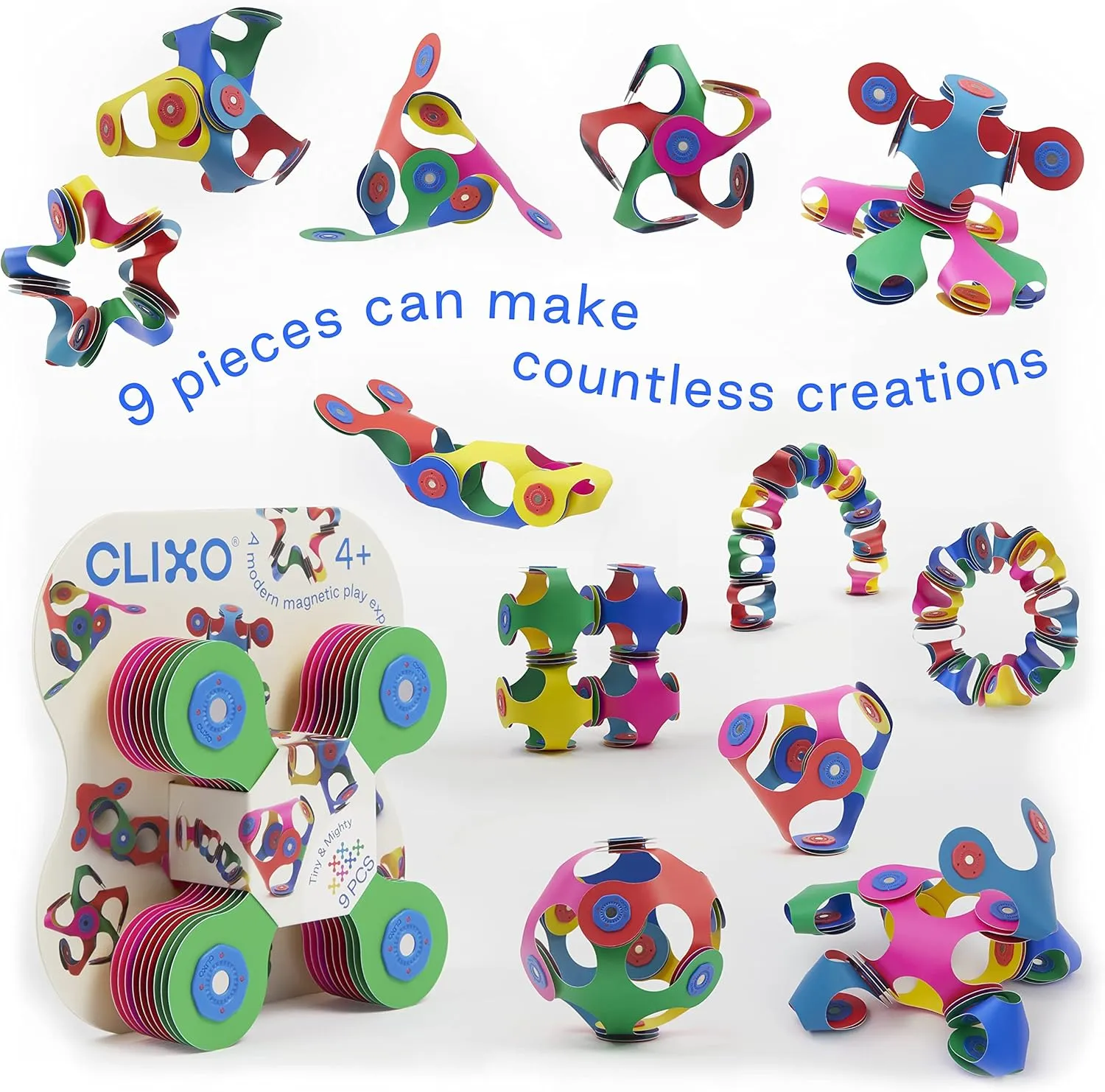 Clixo Tiny & Mighty Pack - 9 Pieces, Over 100 Creations. Magnetic Building Toy, Flexible, Creative, Educational. Ages 4-99