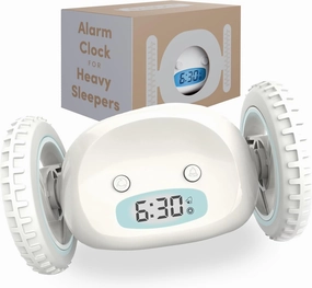 CLOCKY Extra Loud Alarm Clock for Heavy Sleepers on Wheels Rolls Runs Away Vibrating, Easy to Set Super Smart Snooze Digital Bed Shaker Alarm Clock Funny Gift for Adults Kids Teens Bedrooms (White)