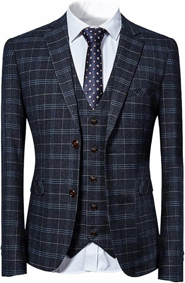 Cloudstyle Mens 3 Piece Slim fit Checked Suit Blue/Black Single Breasted Vintage Suits