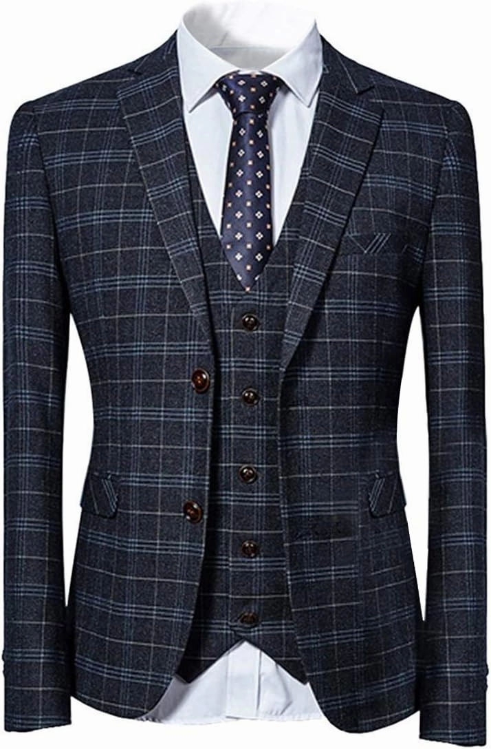 Cloudstyle Mens 3 Piece Slim fit Checked Suit Blue/Black Single Breasted Vintage Suits