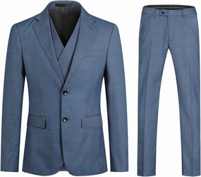 Cloudstyle Mens 3 Piece Slim fit Checked Suit Blue/Black Single Breasted Vintage Suits