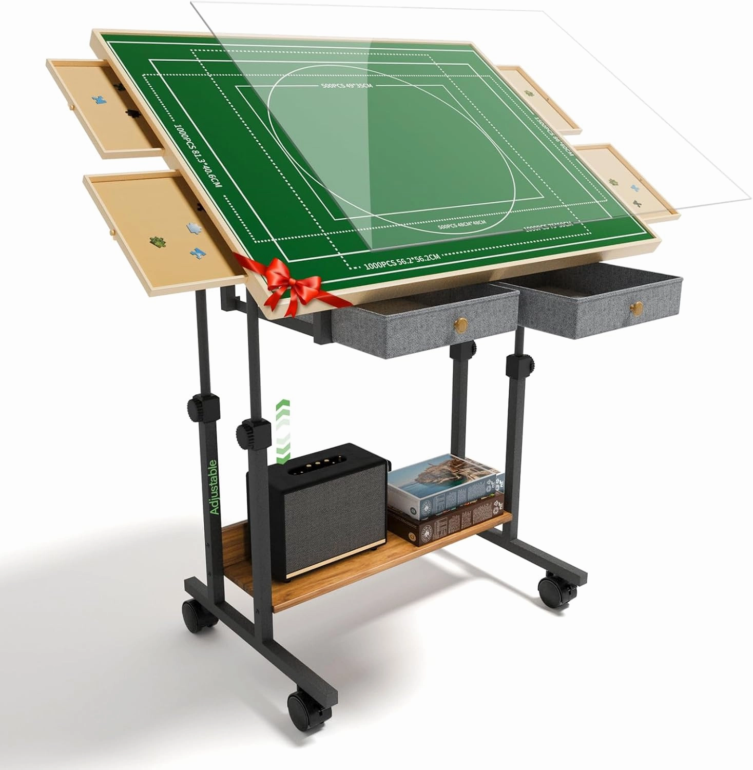 CODACE 1500 Piece Jigsaw Puzzle Table with Legs, Adjustable 5-Tilting-Angle Board with 6 Drawers & Cover, 35"x 26" Wooden Puzzle Board with 4 Wheels for Adults