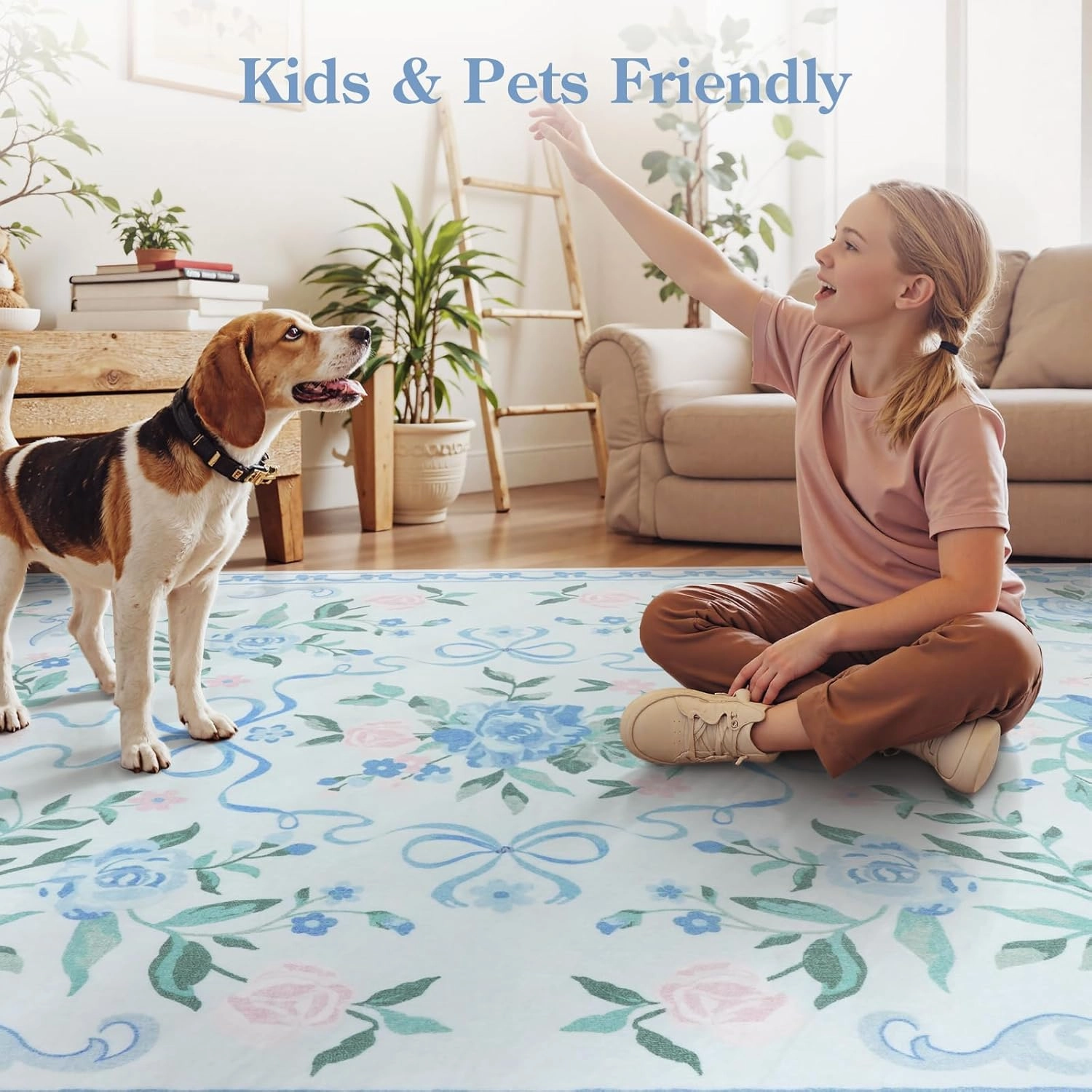 Collive Blue Floral Rugs for Girls, 5x7 Washable Bow Area Rug for Living Room, Cute Ultra-Thin Non Slip Indoor Decor Carpet for Nursery Kids Room Bedroom Playroom (Blue 5' x 7')