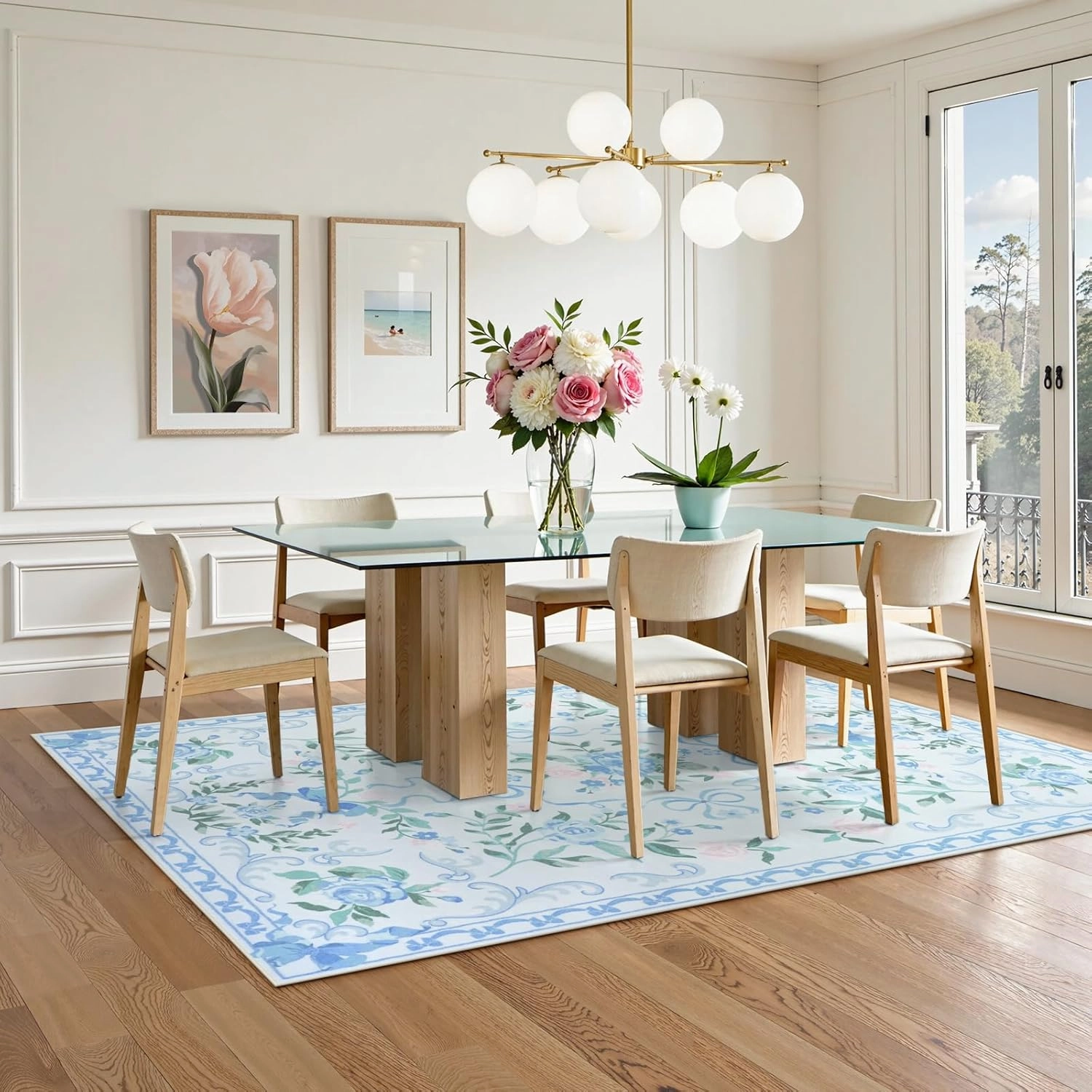 Collive Blue Floral Rugs for Girls, 5x7 Washable Bow Area Rug for Living Room, Cute Ultra-Thin Non Slip Indoor Decor Carpet for Nursery Kids Room Bedroom Playroom (Blue 5' x 7')