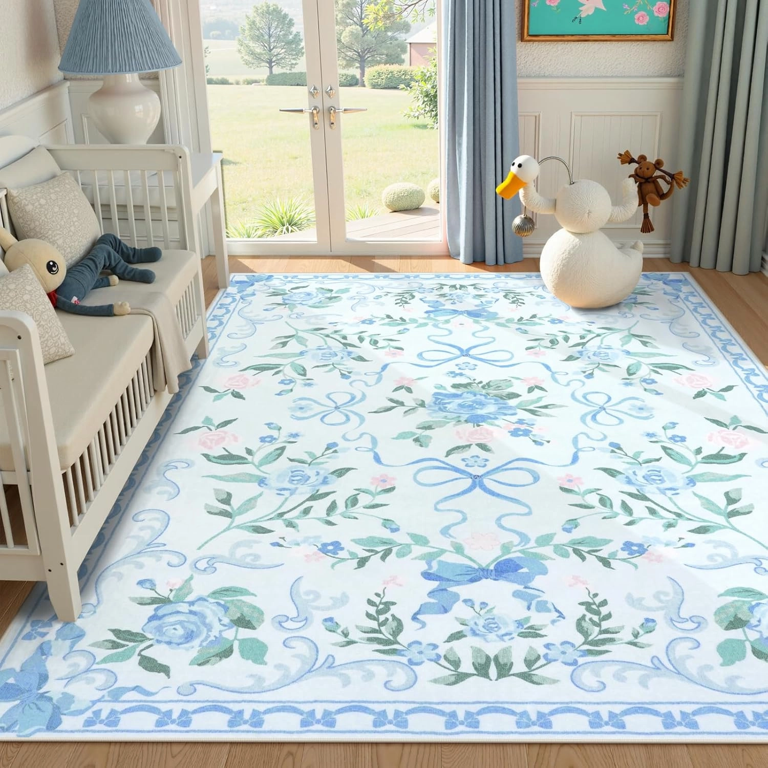 Collive Blue Floral Rugs for Girls, 5x7 Washable Bow Area Rug for Living Room, Cute Ultra-Thin Non Slip Indoor Decor Carpet for Nursery Kids Room Bedroom Playroom (Blue 5' x 7')