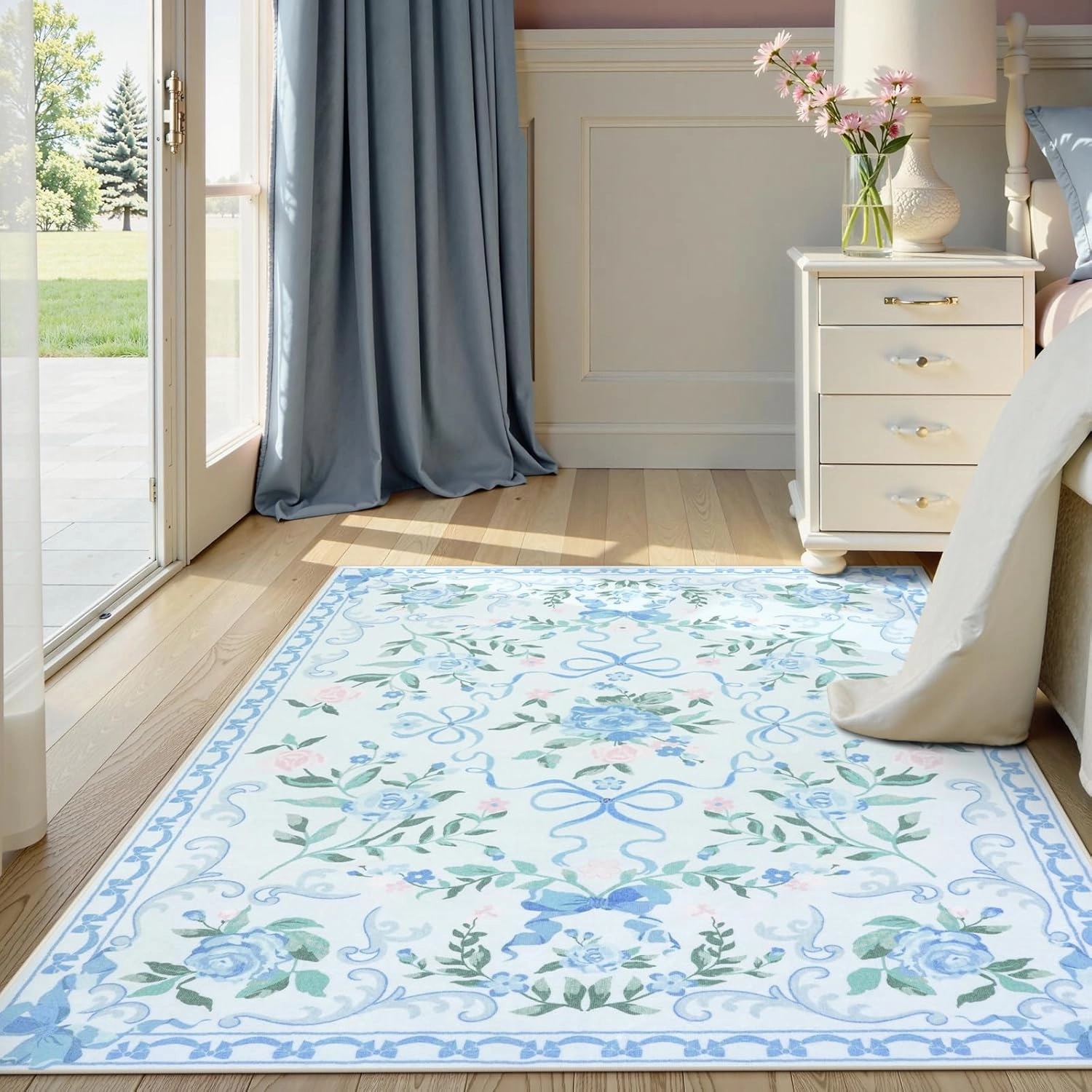 Collive Blue Floral Rugs for Girls, 5x7 Washable Bow Area Rug for Living Room, Cute Ultra-Thin Non Slip Indoor Decor Carpet for Nursery Kids Room Bedroom Playroom (Blue 5' x 7')